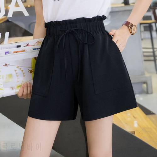 women above knee fashion summer shorts lady home casual solid wide leg loose short pants high waist stretched capris