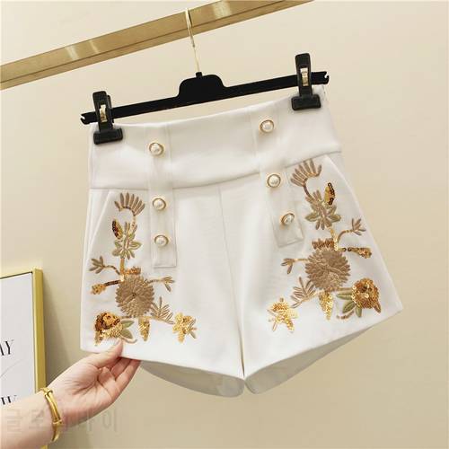 French Style Embroidered Double-breasted Shorts Female Spring Retro Pearl Button High-Waist Temperament Sequined Shorts Nancylim