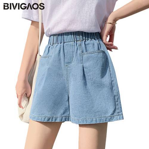 BIVIGAOS Summer Women Straight Pocket Jeans Shorts Mini Shorts Tide Casual Elastic Waist Cotton Denim Short Jeans Home Shorts