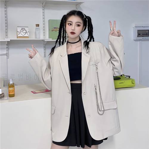 New Chic Chain Shoulder Pad Blazers Women Korean Loose Blazer Jacket Female Streetwear Single Breasted Black Blazers