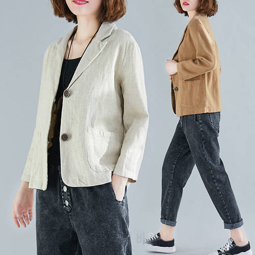 Spring Summer Short Coat Cotton and linen Blazer Suit Collar Jacket Women&39s Casual Solid Color 3/4 Sleeves Shirt f2879