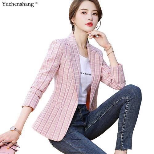 Woman Pink Apricot Plaid Blazer Autumn Winter Outwear Casual Jackets Female Slim Single Button Coat For Girl S-4XL