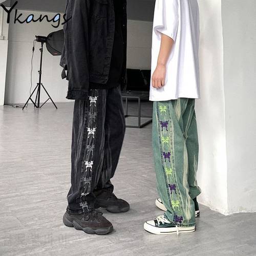 Hip Hop Streetwear Jeans Woman Straight Elastic High Waist Denim Butterfly Pattern Print Wide Leg Punk Harajuku Jeans for Women