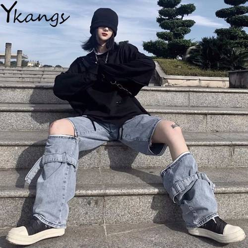Gothic Streetwear Removable Zip Casual Jeans Baggy Vintagehigh Waist Denim Harajuku Hip Hop Korean Style Loose Wide Leg Jeans