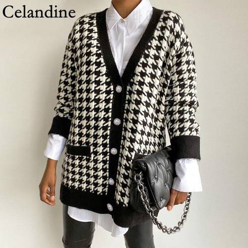 Celandine Houndstooth V Neck Long Sleeve Knitted Cardigan Women Loose Oversized Sweater Black Button Jumper Autumn Winter 2022