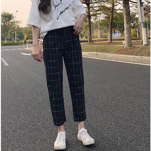 new women&39s Korean version of the wild-style wide loose lattice student Harlan cropped pants