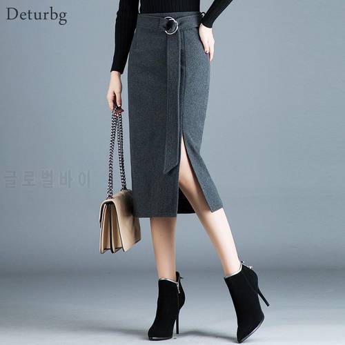 Women Elegant Woolen Pencil Skirt With Detachable Belt Female Korean Casual High Waist Warm Office Midi Skirts 2020 Winter SK444