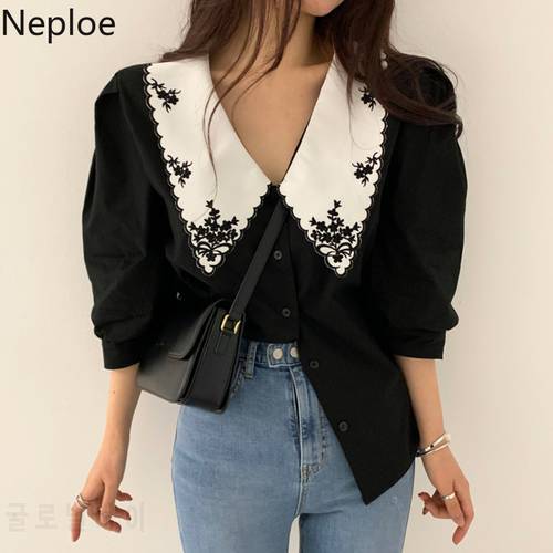 Neploe Blusas Mujer De Moda 2022 Floral Embroidery Elegant White Shirts Vintage Puff Sleeve Blouse Korean Clothes Women Tops