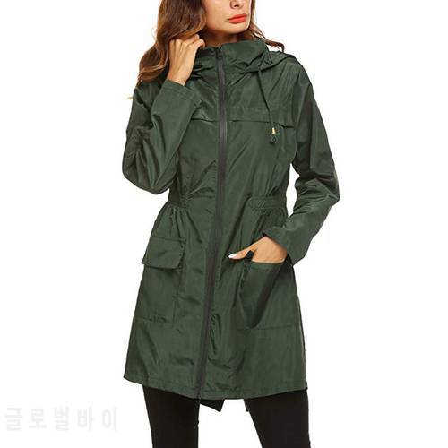 Women Wind Jacket Rain Coat Basic Style Zipper Pockets Long Sleeve Hooded Windbreaker Waterproof Hiking Outdoor Coat Plus Size