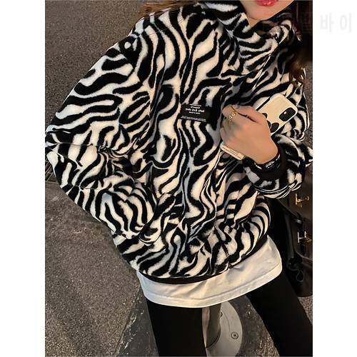 [Zebra pattern series] plush jacket spring and autumn new short jacket women all-match jacket woman jacket