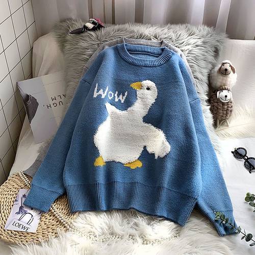 Casual O Neck Knitted Sweater Female Warm Lady Cartoon Duck Letter Sweater Autumn Winter Long Sleeve Pullover Jumper 2020