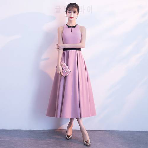 Cocktail Dresses Elegant Pink O-neck Tie Bow Party Gowns Simple Tea-length Sleeveless Zipper Back Formal Dress E405