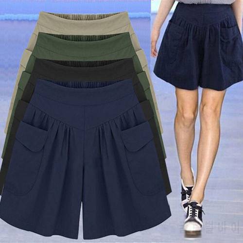 Summer Women Plus Size Solid Color Elastic Waist Casual Loose Shorts with Pocket Fashion Female Beach Swimwear Wide Leg Shorts