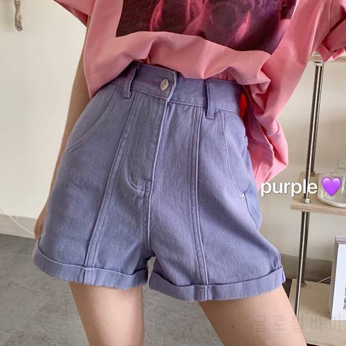 7 Colors 100% Cotton 2021 Summer Denim Roll Up Shorts Women Loose Wide High Waist Shorts Jeans Ladies Casual Purple Lilac Shorts