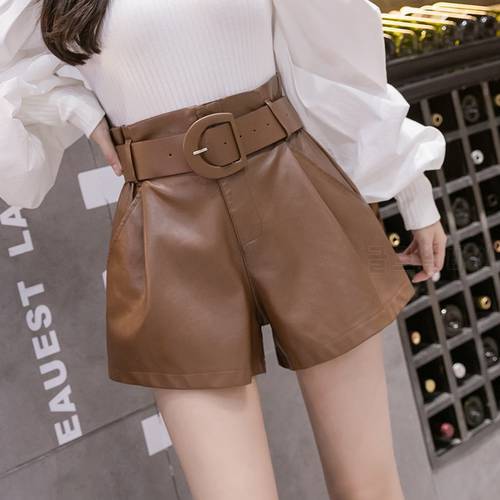 Women Paperbag Leather Shorts With Belt Pockets Fall Winter Faux Leather Wide Leg High Waist Shorts Black Coffee Color Outfit