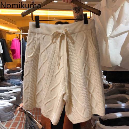 Nomikuma 2022 Autumn Winter Women Knitted Shorts Lace Up High Waist Sweater Bottoms Causal Korean Wide Leg Short Feminimos 6D346