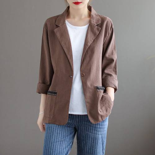 Retro Solid Color Ramie Casual Suit Women&39s Jacket Female Loose Cotton and Linen Top Simple Spring Summer Shirt Blazer Coat K304