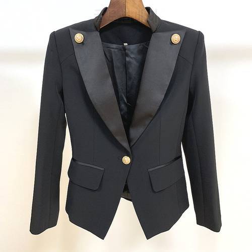 Black White Blazer Women Autumn 2021 New Classic One Button Gold Buckle Satin Collar Jacket Blazer Women Top Quality