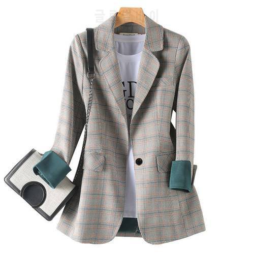 High Quality Plaid Blazer Women Vintage Coats Casual Female Long Sleeve Loose Office Ladies Suit Coat Jacket Women blazers P365