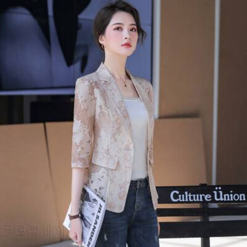 Summer Women White Black Chiffon Lace Print Blazer Suit Single Button Notched Office Lady Woman Blazers And Jackets