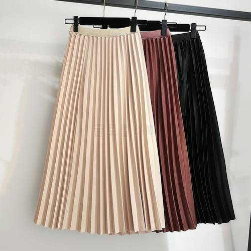 Autumn women Skirt 2020 Summer light Classic a word skirt thin solid color skirt High waist retro slim pleated mid-length skirt