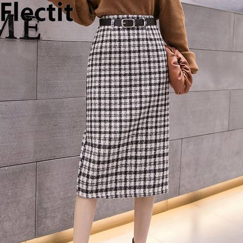 Flectit Vintage Plaid Belted Tweed Skirt Women Midi Long Thick Wool High Waist A-Line Business Work Outfits *
