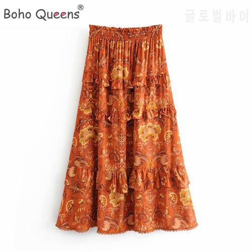 Boho Queens fashion women Hippie beach Bohemian floral print ruffles skirt High Elastic Waist Maxi A-Line Boho Skirt Femme