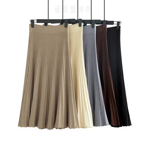 HLBCBG Vertical Striped knitted Women Sweater Skirt Elastic Band Pleated Midi Skirts Chic High Waist A-line Skirts Female