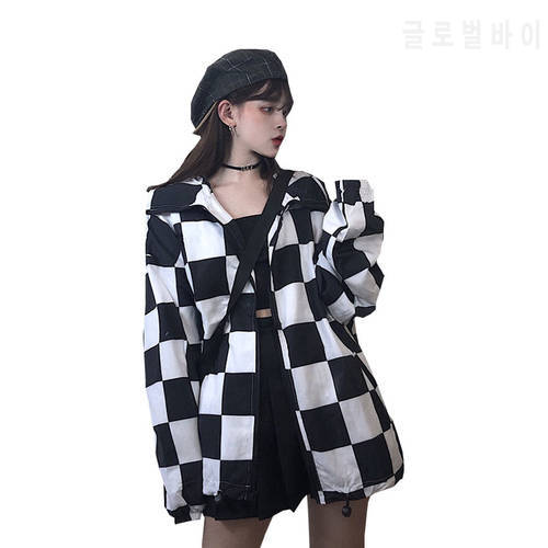 Harajuku Plaid Jacket Women Long Sleeve Loose White Black Checkerboard Colored Plaid Fashion Casual Coat Unisex Streetwear