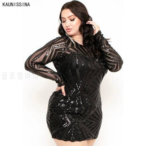 Plus Size Sequined Cocktail Dresses O-Neck Long Sleeve Bodycon Homecoming Dress Large Black Champagne Sequins Party Prom Vestido