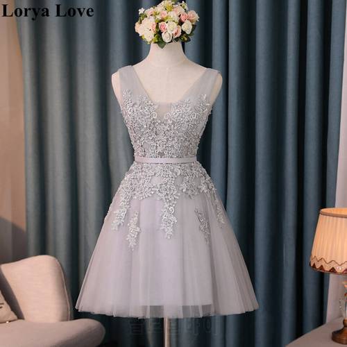 Elegant Gray Cocktail Dresses 2020 Summer Tull Appliques Sleeveless Illusion A-Line Graduation Gowns Short Prom Homecoming Dress