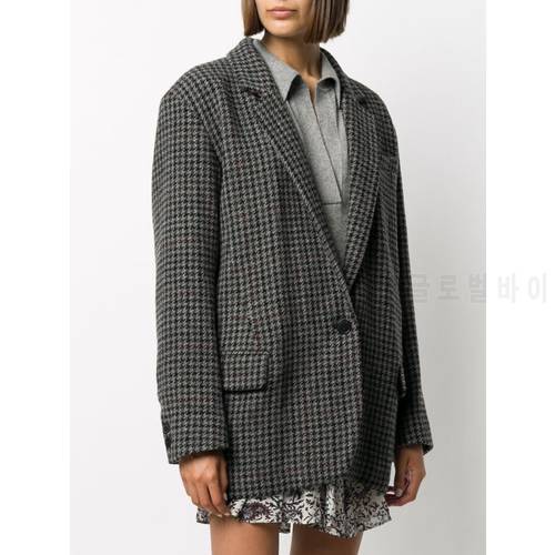 2020FW New Woman Grey Checked Herringbone Blazer Single Button Flap Pockets Long Sleeves Fashion Suit