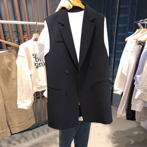2022 Spring and Autumn New Women&39s Suit Black High Quality Casual Double-breasted Long Jacket Ladies Office Blazer Sleeveless