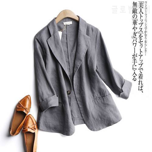 2022 Summer Arts Style Women 3/4 Sleeve Loose Casual Blazers Single Button Cotton Linen Solid Blezer Femme Coat S995