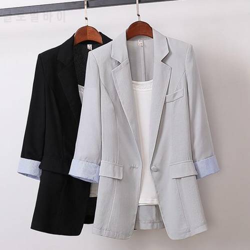 Spring Blazers Women Summer Korean Cotton Linen Slim Patchwork Striped Large Size Blazer Work Wear Single Button Coat F61210