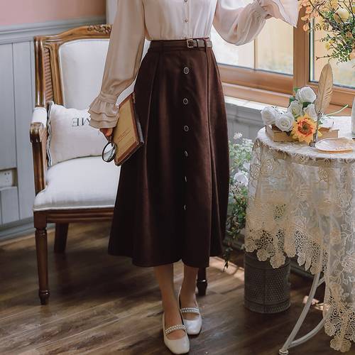 Fall 2020 Japan Style Sweet Womens Skirt Winter Casual Elastic Waist Single Breasted A-Line Pleated Skirt With Belt Black Brown