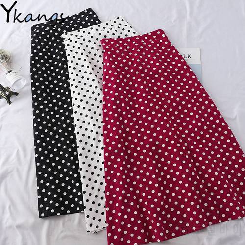 Summer Casual Chiffon Print Dot-print Skirt Female High Waist Midi Pleated Skirt Womens Black White Red Long Skirts Streetwear