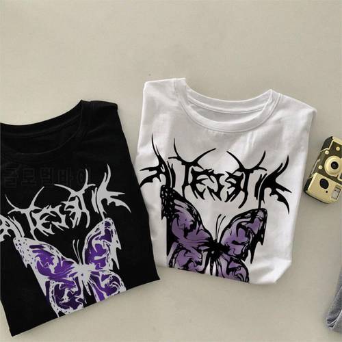 Gothic Vintage butterfly Letter Print top Hip Hop Summer Streetwear Ulzzang Harajuku Fun Short-Sleeve casual Loose women T-Shirt