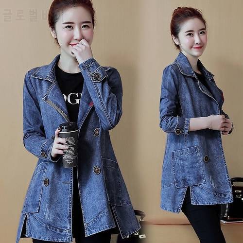 2020 New Autumn Women&39s Denim Jacket Vintage Casual Double breasted Long Jeans Coat Turn-down Collar Outwear Bomber Jacket P732