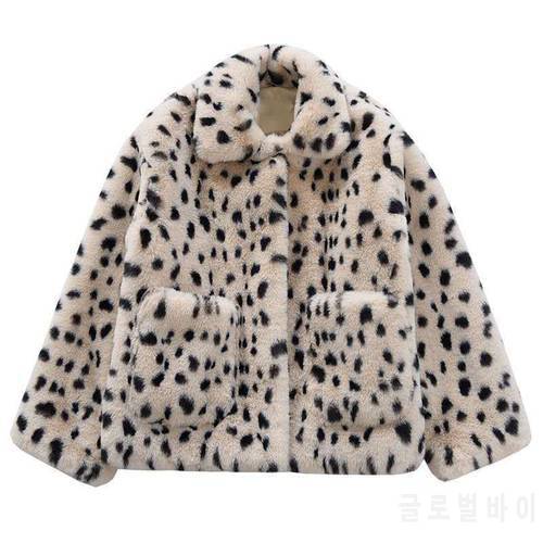 Lamb Velvet Women Faux Fur Warm Leopard Print Fur Coat Autumn Winter Leopard Print Casual Long Sleeve Coat Streetwear