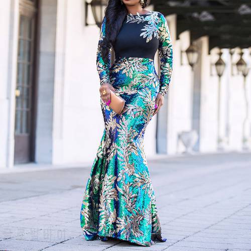 Vintage Green Long Sleeve Mermaid Sequin Dress 2022 Bodycon Sparkly Elegant Shiny Party Evening African Long Dresses for Women