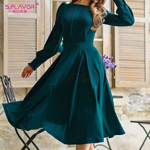 S.FLAVOR Women VIntage Solid Color Spring Dress Elegant Green Long Sleeve Pleated Midi Vestidos 2021 Summer Women Casual Dresses