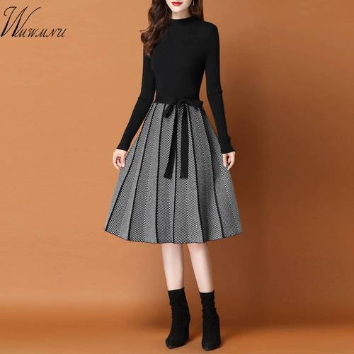 Elegant Knitted Sweater Pleated Dress For Women 2022 Korean Long Sleeve A-Line Winter Dresses Office Lady Casual Midi Vestidos