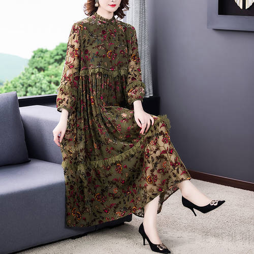 Korean Clothing 2020 Autumn New Velvet Jacquard Loose Large Size Burnt Flower Long Dress Printed Fashion Spliced Robe 4XL Y358
