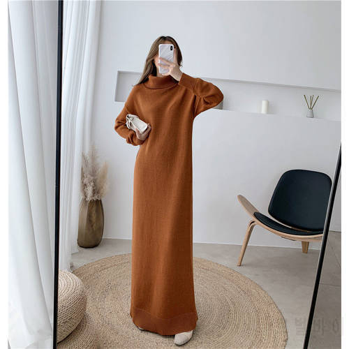 Extra Long Sweater Dress Women Autumn and Winter High-neck Long Sleeve Knitted Bottoming Dress Thick Shirt Femme Robe f2618