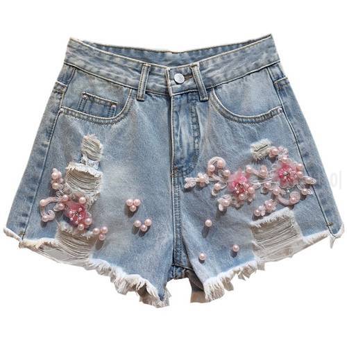 2021 Womens Summer Beaded Ripped Denim Shorts Flower 3D Embroidery Pink Pearls Hot Hole High Waisted Jeans Short Trousers Female