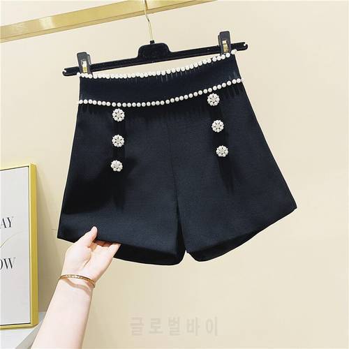 Shorts Female Summer Heavy Beaded Double Breasted High Waist Slimming Wide Leg Trousers Ladies All-match Shirts White Black
