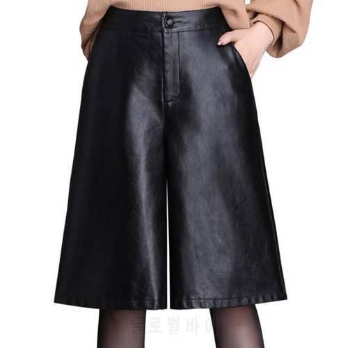 Autumn Fashion PU Leather Shorts For Woman Loose Long Shorts Black Knee Length Wide Leg Short Pants Bermuda Femme