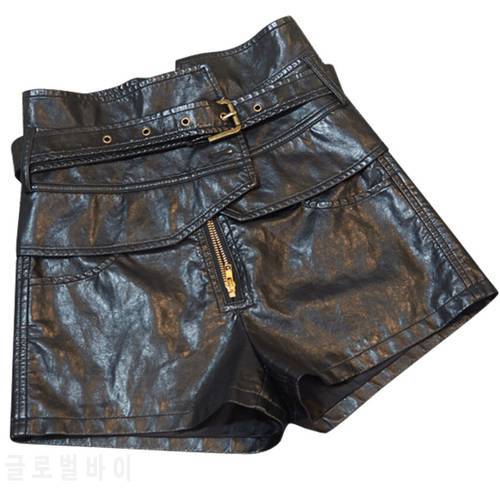 PU Leather High Waist Shorts For Women Irregular Slim Black Winter WomenShorts Fashion Casual