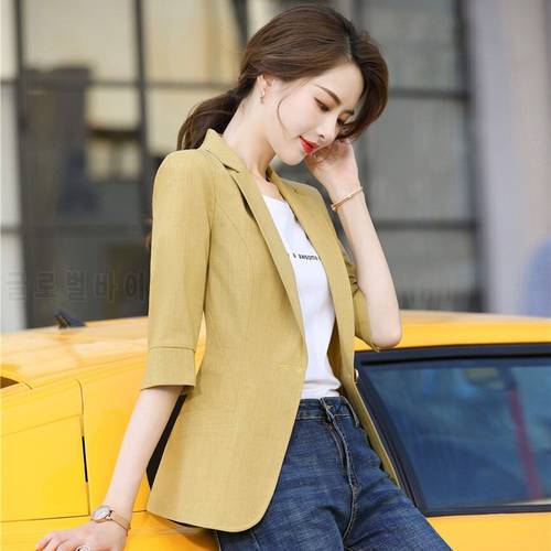 Spring Summer Casual Yellow Blazer Women Half Sleeve Jackets Office Ladies Work Wear Clothes OL Styles